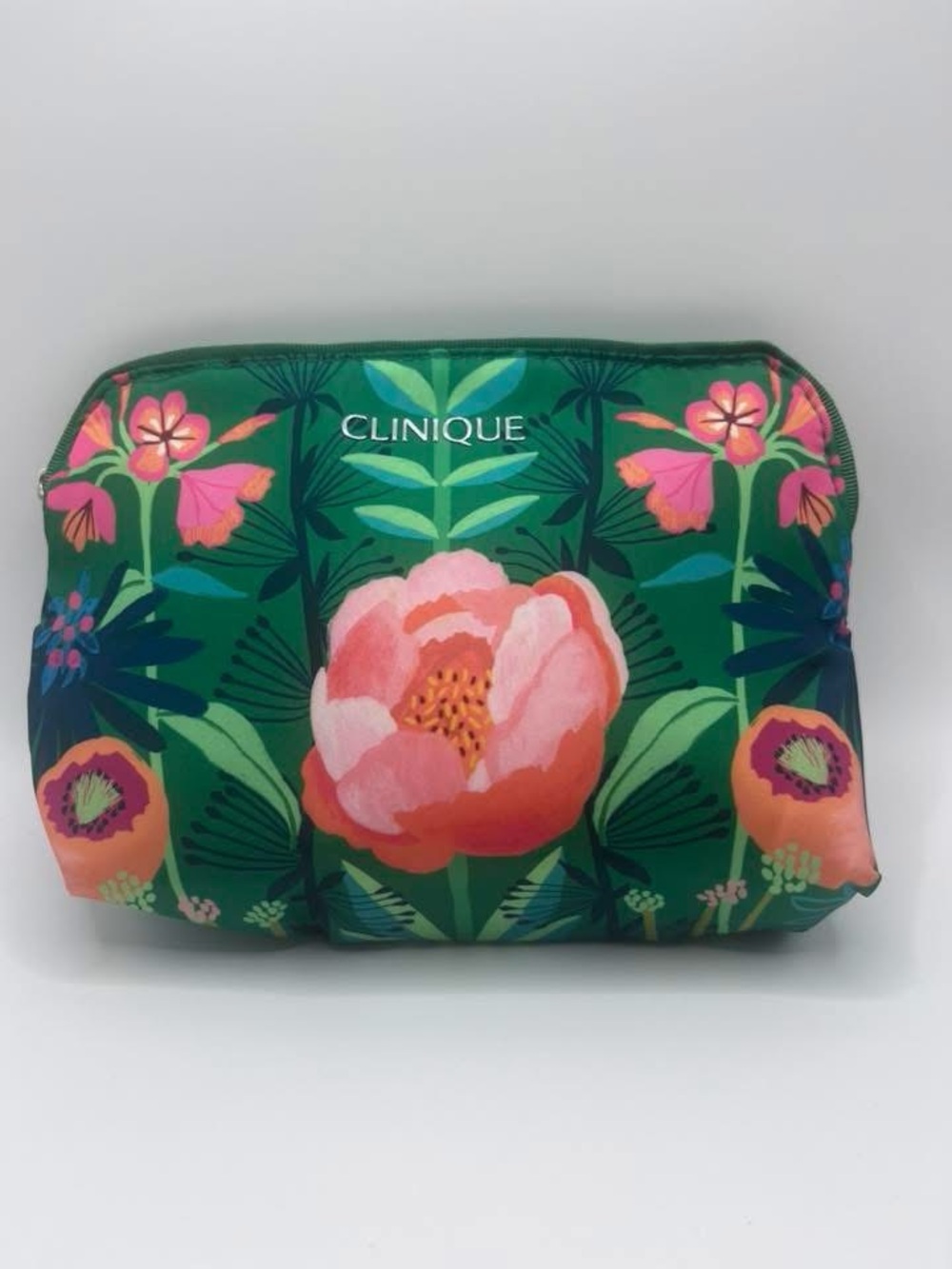 Clinique Green Floral Makeup Bag with Pink Blooms